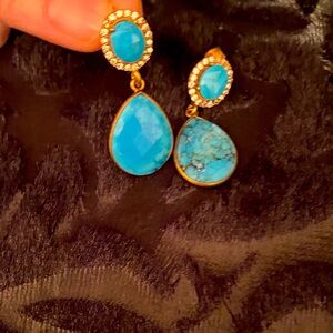Turquoise Teardrop Drop Earrings with Crystal Accents🦋🍒